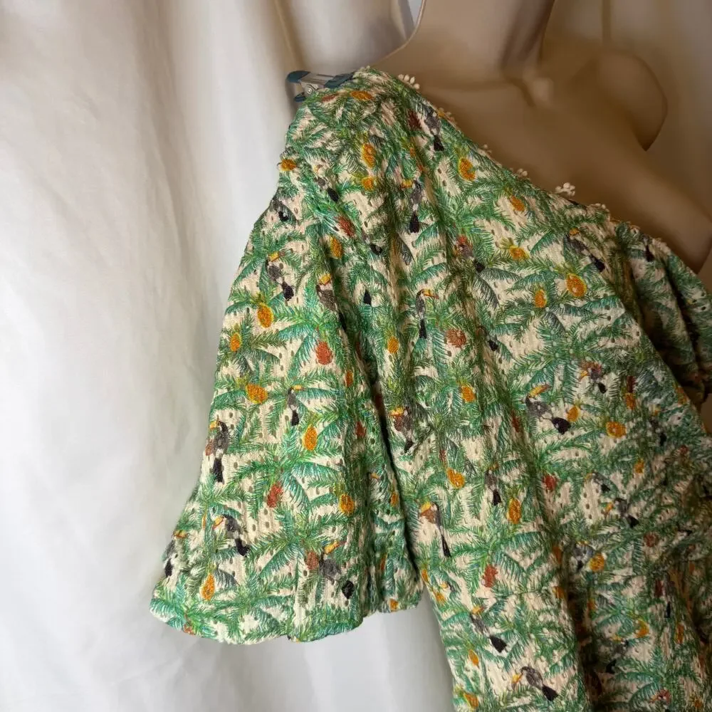 Farm Rio Mini Toucans One Shoulder Dress XL Tropical Resort Lined Ruffle Texture